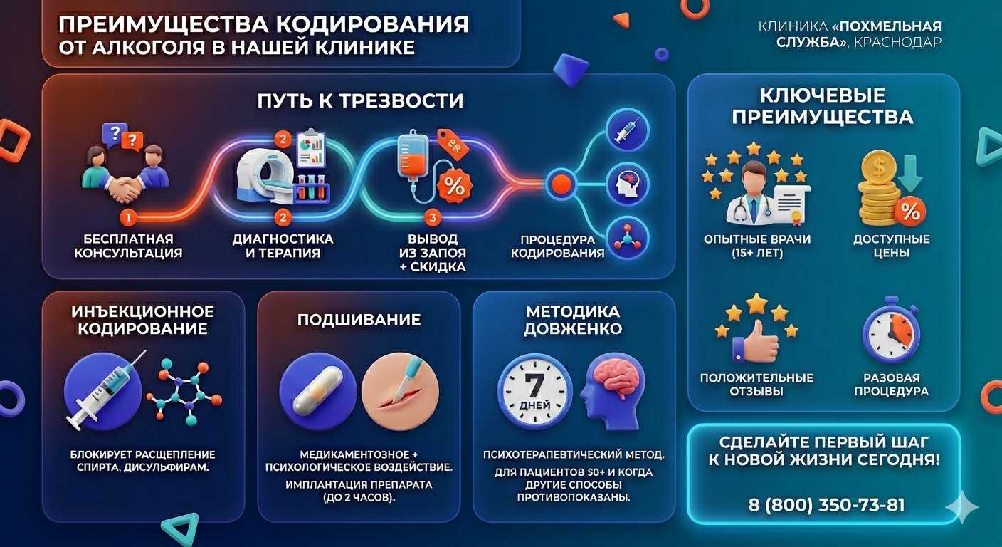 Инфографика о методах кодирования от алкоголя в Омске: инъекции, подшивание, метод Довженко. Преимущества клиники и этапы лечения.