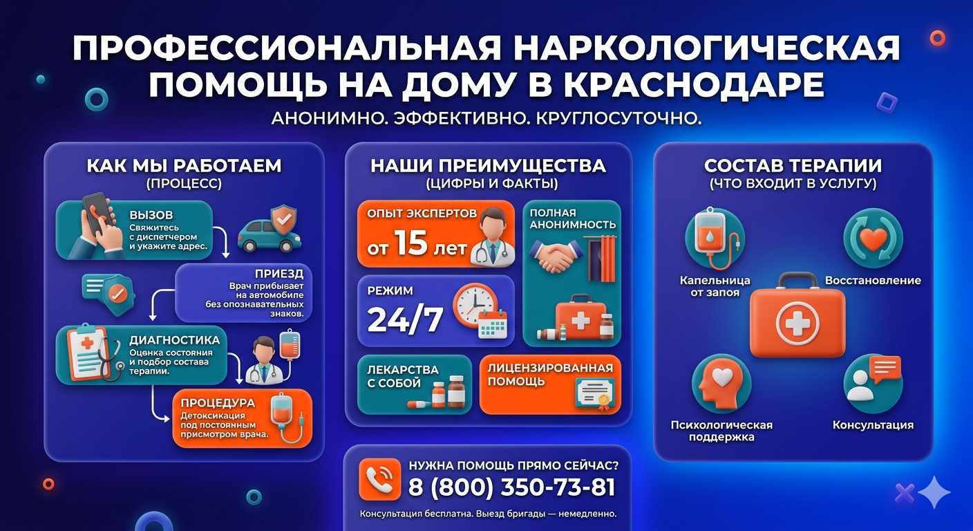Инфографика о принципах лечения алкоголизма на дому в Омске: этапы вызова нарколога, преимущества анонимной детоксикации и состав медицинской помощи.